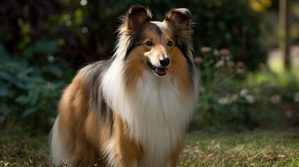 playful australian shepherd dog, shetland sheepdog  in the park, in the yard, on grass
