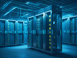 Futuristic Concept of Data Center In Warehouse, Information Digitalization Lines Streaming Through Server Room.