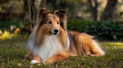 playful australian shepherd dog, shetland sheepdog  in the park, in the yard, on grass