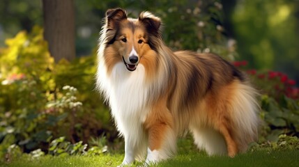 playful australian shepherd dog, shetland sheepdog  in the park, in the yard, on grass