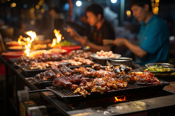 bustling Asian night marketstreet food vendorscultura, generative ai