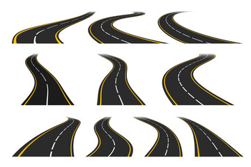 Set of various road curves, turns and bends stretching into the horizon. Winding highway with yellow and white markings isolated on a white background. Vector illustration in simple flat style