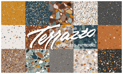 Terrazzo seamless pattern collection in warm colors. Classic italian marble tiles. Abstract mosaic background with natural stone texture for wrapping paper, textile print, packaging design and more