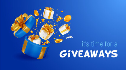 Giveaway, sale or win, conceptual advertising luxury banner template. 3d realistic open gift box, gifts, coins and confetti fly out from it, like explosion on blue background. Vector illustration