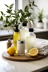 Assortment of homemade organic cleaning items displayed in a minimalist kitchen 
