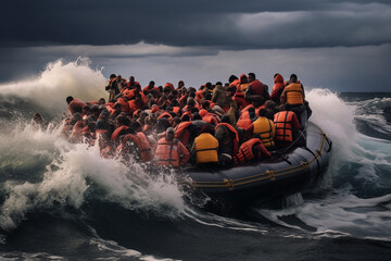 Illustration of boats with Africans arriving in Europe. Migration crisis - obrazy, fototapety, plakaty