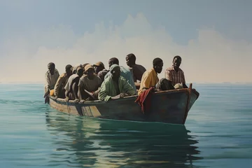 Schilderijen op glas Illustration of boats with Africans arriving in Europe. Migration crisis © JLabrador