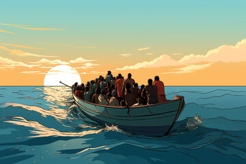 Illustration of boats with Africans arriving in Europe. Migration crisis - obrazy, fototapety, plakaty