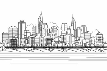 Thin line style city panorama. Outline cityscape Wide horizontal panorama. Black white vector