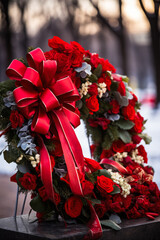 Commemorative wreaths and poppies honoring servicemen on solemn Veterans Day 