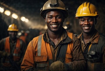 Bussines afro men coal mining smiling wearing helmet and mining outfit - obrazy, fototapety, plakaty