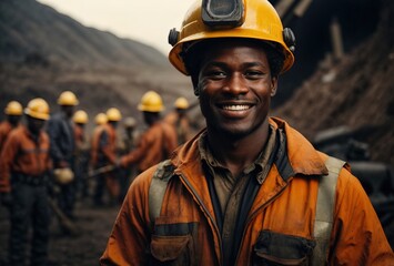 Bussines afro men coal mining smiling wearing helmet and mining outfit - obrazy, fototapety, plakaty