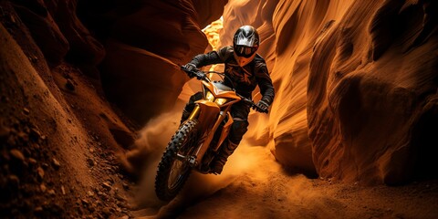 a man riding a modern motorcycle through a canyon