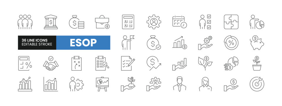 Set of 36 ESOP line icons set. ESOP outline icons with editable stroke collection. Includes Employee, Stock, Ownership, Plan, Management, and More.