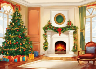 Christmas room with fireplace, tree and many gifts with copy space