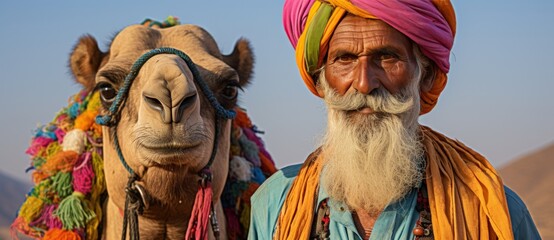 Indian men on camels in deserts of india - obrazy, fototapety, plakaty