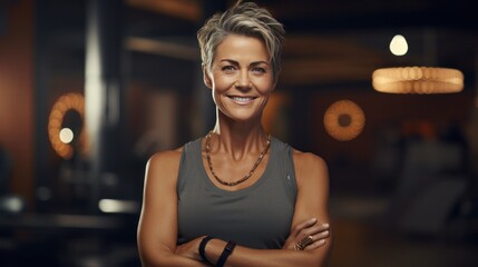 Fototapeta premium A beautiful senior woman is smiling in gym