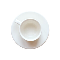 Empty white tea pair - cup and saucer on transparent background, top view