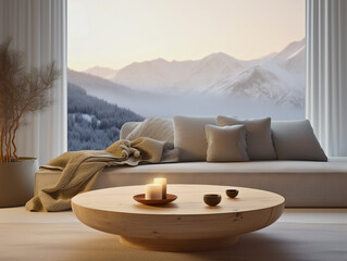 A Scandinavian-inspired modern living space with uncluttered aesthetics, earthy tones, and a panoramic snowy mountain view, bathed in late afternoon glow, exuding cozy simplicity.