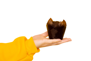 Female hand with a chocolate muffin on a transparent background