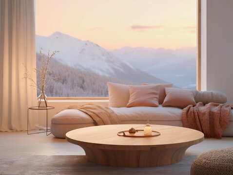 A Scandinavian-inspired modern living space with uncluttered aesthetics, earthy tones, and a panoramic snowy mountain view, bathed in late afternoon glow, exuding cozy simplicity. © Roberto