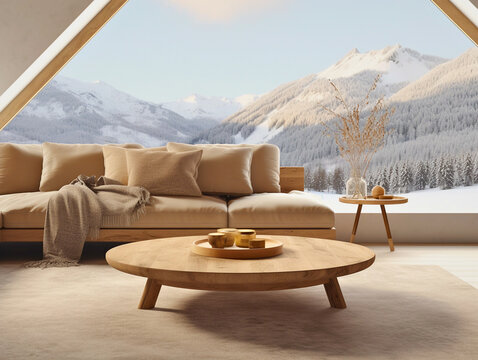 A Scandinavian-inspired modern living space with uncluttered aesthetics, earthy tones, and a panoramic snowy mountain view, bathed in late afternoon glow, exuding cozy simplicity.
