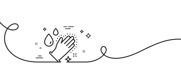 Washing hands line icon. Continuous one line with curl. Sanitary cleaning sign. Clean gloves symbol. Washing hands single outline ribbon. Loop curve pattern. Vector