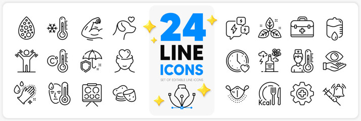 Icons set of Washing hands, Potato and Fair trade line icons pack for app with Umbrella, Artificial colors, First aid thin outline icon. Pets care, Thermometer, Health eye pictogram. Vector