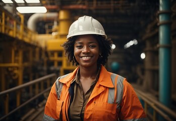 Afro women miner worker smile wearing helmet in ocean oil miner - obrazy, fototapety, plakaty