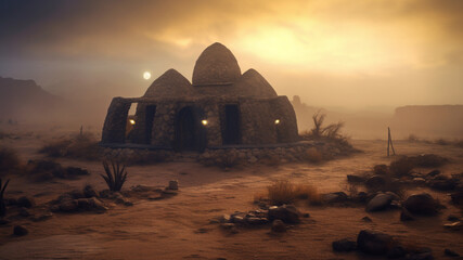 stone temple in the desert, fantasy setting, occult, ethereal fog
