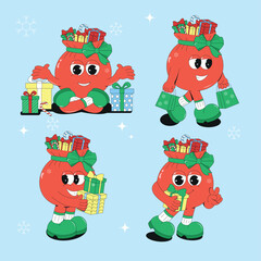 Christmas groovy characters in retro style. New Year's bag of gifts. Mary Christmas and happy New Year. Trendy retro coorton vector illustration.