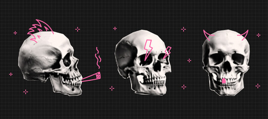 Human skull set. Contemporary vector halftone elements and cool pink doodle for collages. Vector.