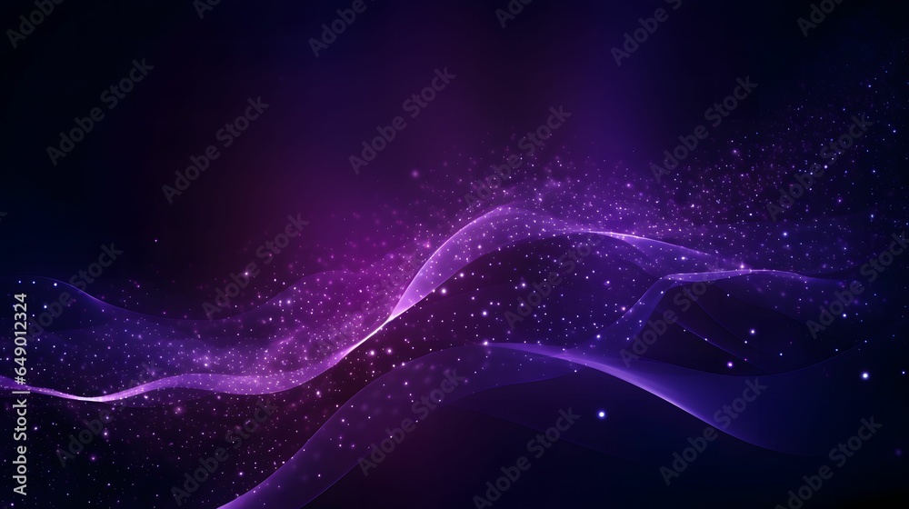 Wall mural digital purple abstract background with glowing particles wave and lines.