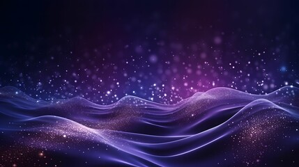 Purple abstract background with glowing particles wave and lines.