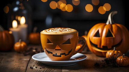 Halloween pumpkin latte art with coffee on wooden table