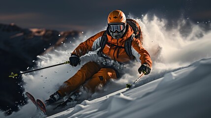 Skier skiing downhill in high mountains.	