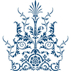 A blue and white ornamental design on a white background