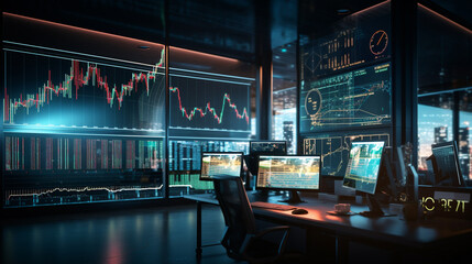 trading charts with bearish and bullish trends on a neon illuminated screen, modern tech having no human figures around, glass window large office with holographic screens - obrazy, fototapety, plakaty