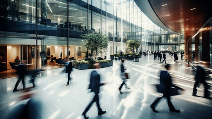 Top view Long exposure shot of modern office lobby with business people blurred walking in fast movement