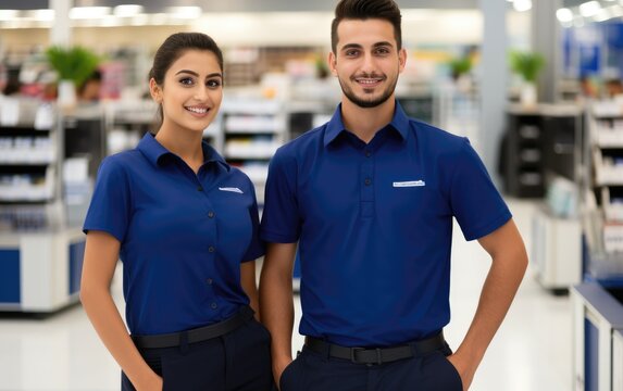 Employees stand posing in a store. 