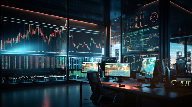 trading charts with bearish and bullish trends on a neon illuminated screen, modern tech having no human figures around, glass window large office with holographic screens