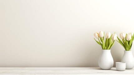 white tulips in vase on table against a white wall, product display shelf, photography presentation - obrazy, fototapety, plakaty