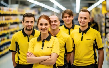 Employees stand posing in a store. Generative AI