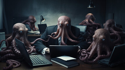 Frightening octopus boss among his workers staring at spectator