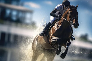 Foto op Plexiglas Horse races, jockey and his horse running towards finish line.  © pilipphoto