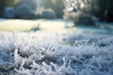 Frost covered lawn in a garden. - obrazy, fototapety, plakaty
