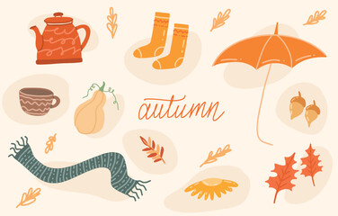 Autumn set, hand drawn cozy elements and calligraphy