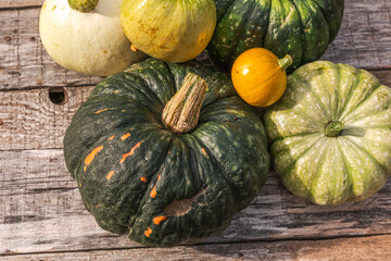 Autumnal Background. Natural autumn fall view pumpkins on wooden background. Inspirational october or september wallpaper. Change of seasons ripe organic food concept. Halloween party Thanksgiving day