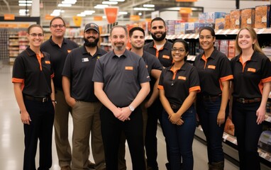 Employees stand posing in a store. Generative AI