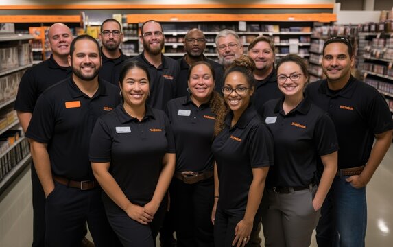 Employees stand posing in a store. Generative AI